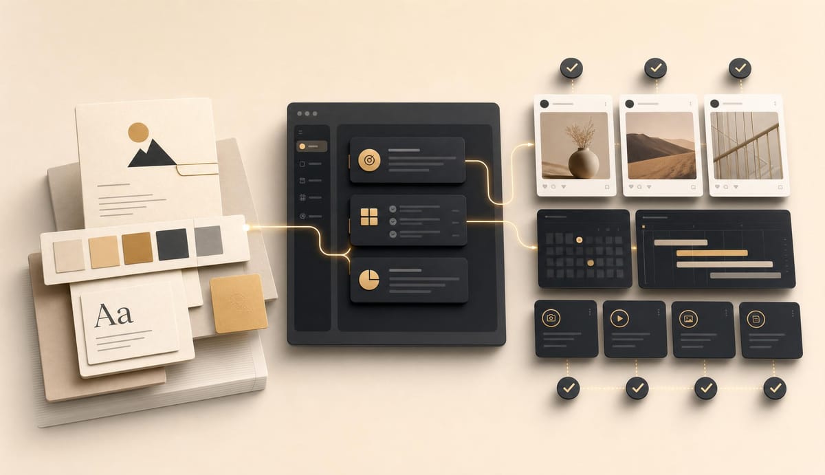 Brand strategy automation workflow showing brand guidelines, campaign planning, social media content cards, and scheduling in a premium software interface.