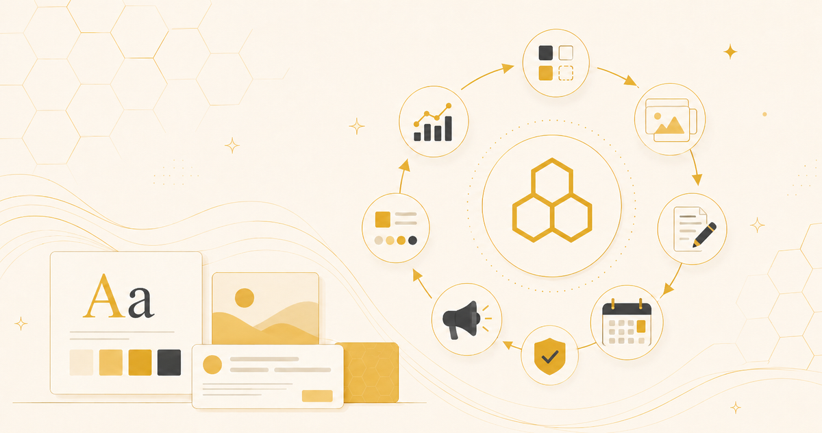 Flat cream and gold illustration of an automated branding workflow with brand assets, content icons, approval, scheduling, and analytics connected in a circular system.